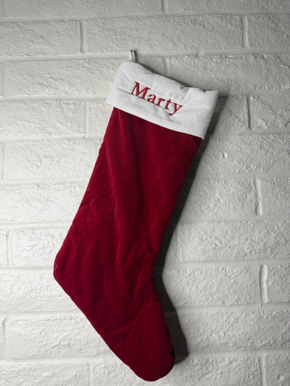 Extra Large Pottery Barn Classic Velvet Stocking Red w/White “Marty”